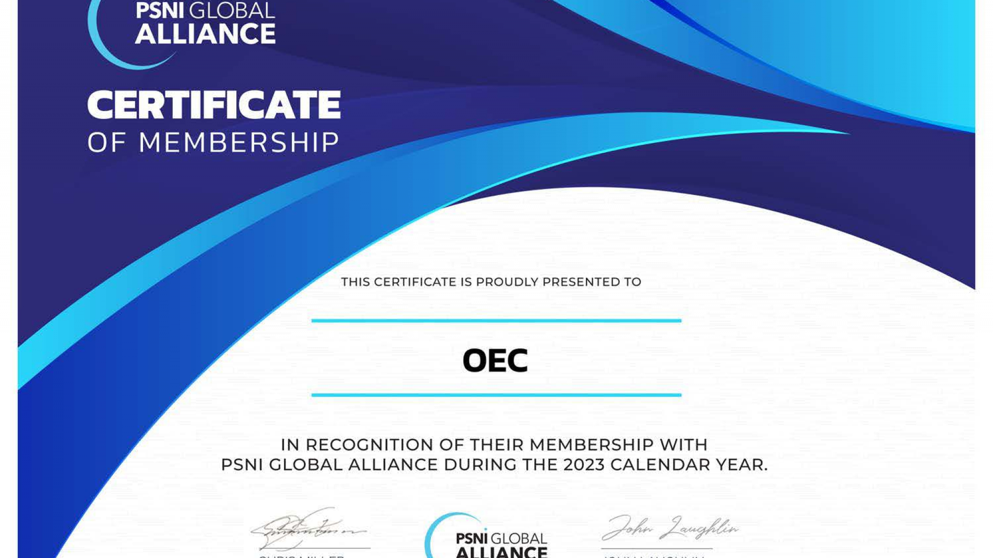 PSNI Certificate of membership for oec