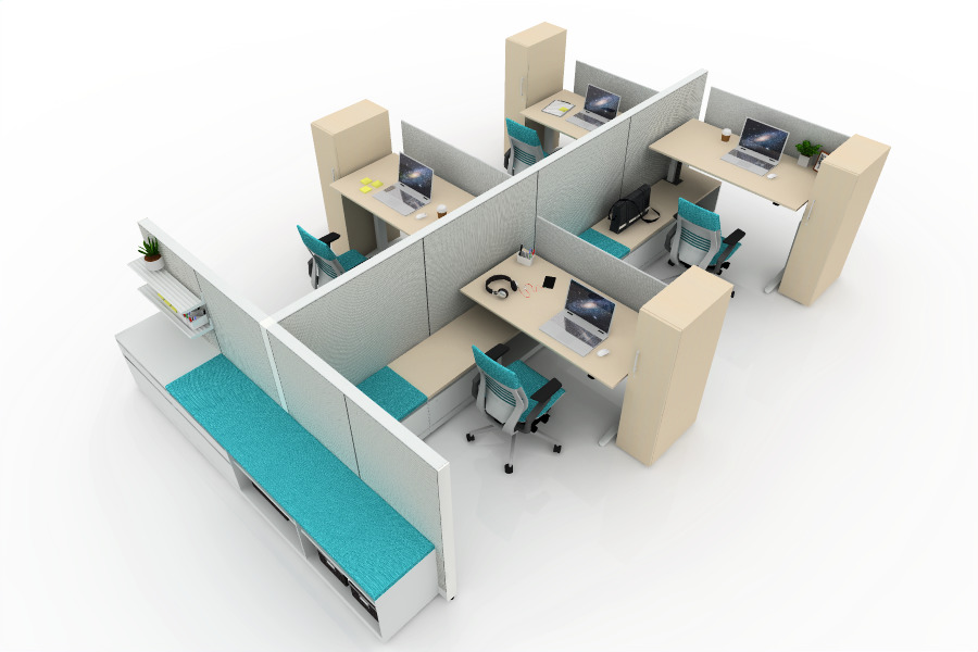 steelcase rendering of bright blue workstations