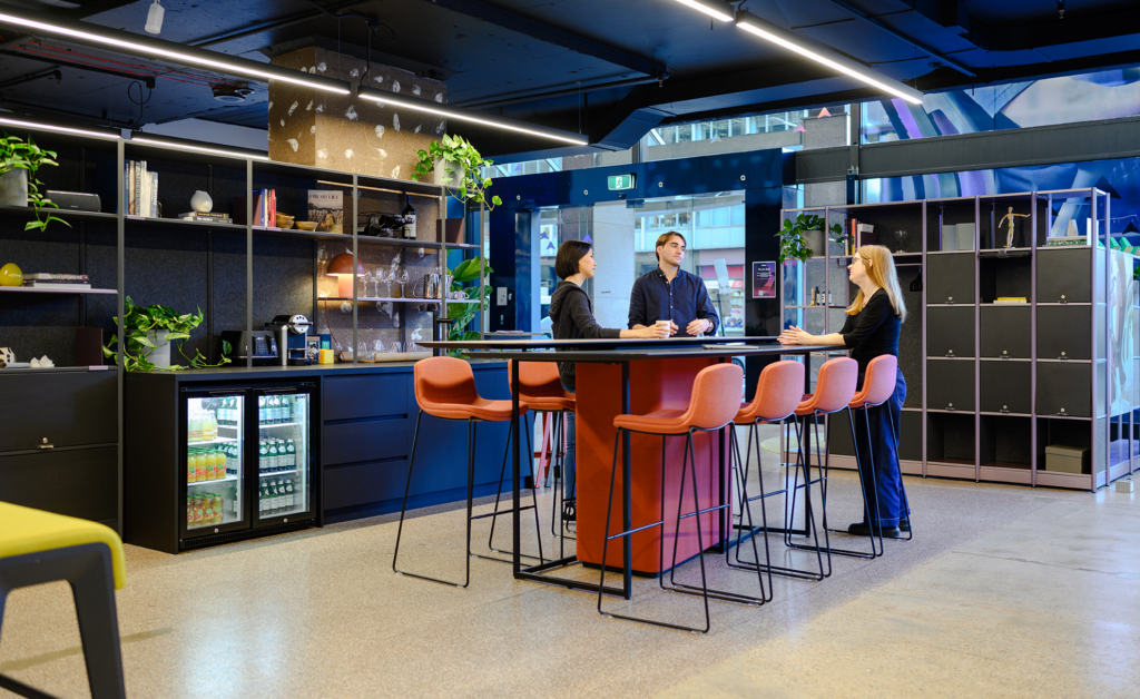 work cafe standing table with people