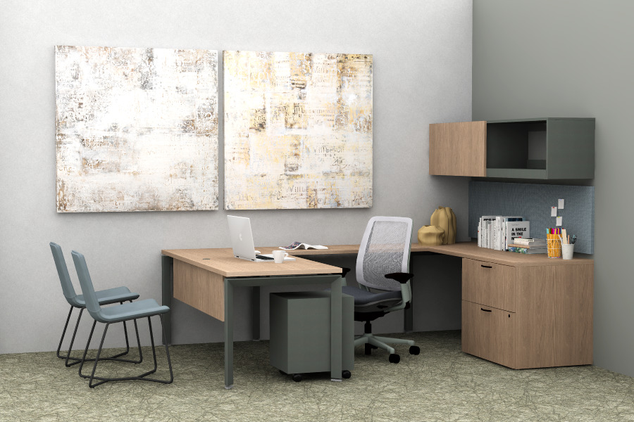 steelcase rendering of blue and gold private office