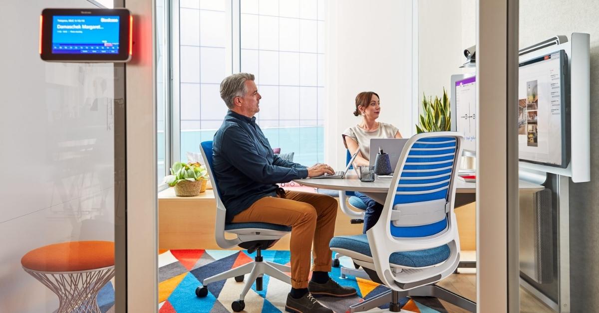 Steelcase hospitality seating with integrated workplace technology and guest collaboration tools