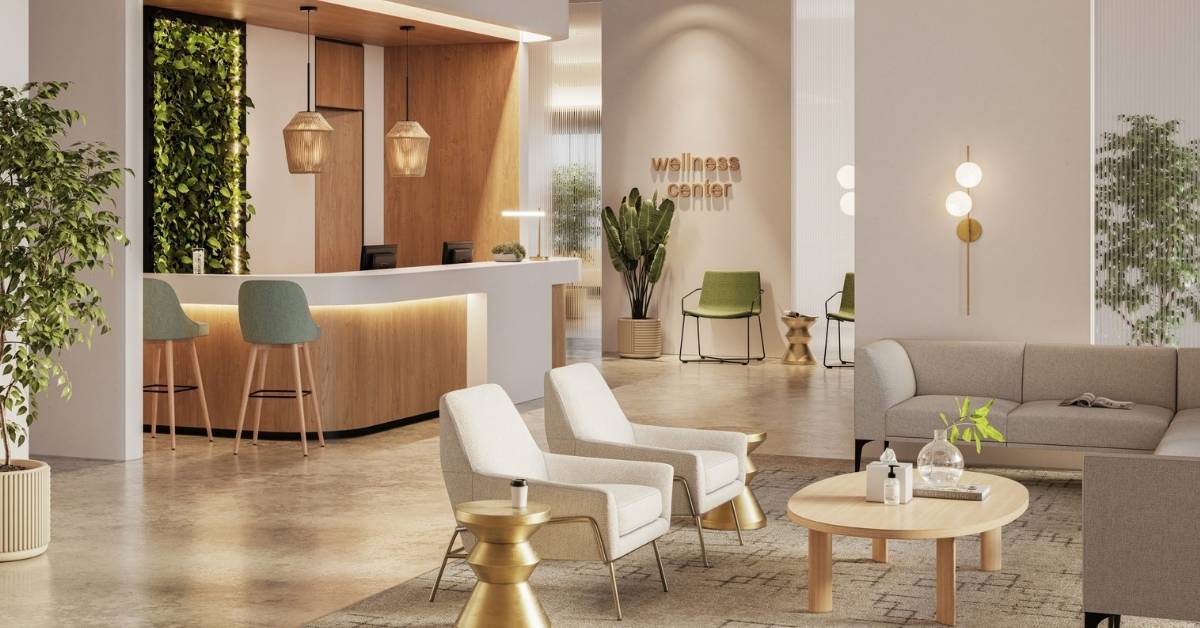 Steelcase hotel lobby and guest lounge furniture for hospitality reception and wellness environments