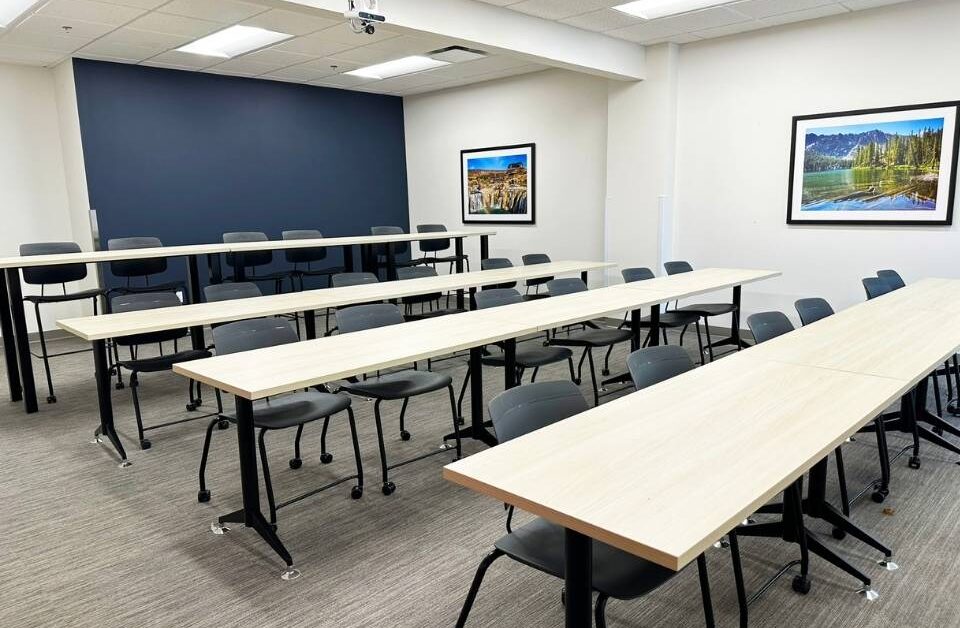 Multi-use training room with wall-mounted AV display, Alliance Title & Escrow Nampa Idaho