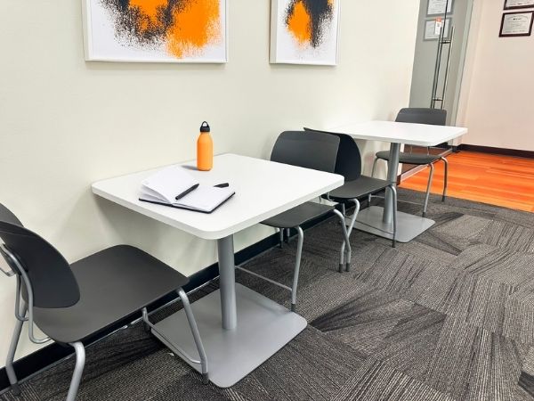 Casual seating area with hardwood flooring detail, ISU Pharmacy, Pocatello, Idaho