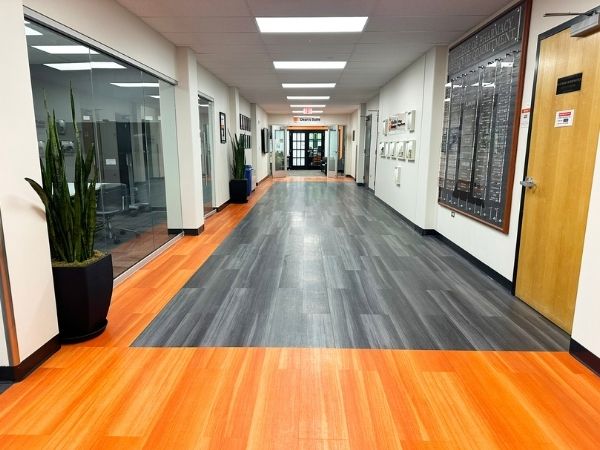 Main corridor with hardwood commercial flooring, ISU Pharmacy building, Pocatello, Idaho