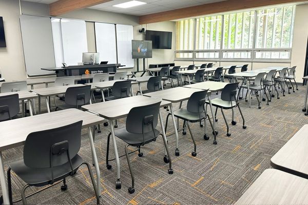 Flexible classroom with rows of education furniture, ISU Pharmacy program, Pocatello, Idaho
