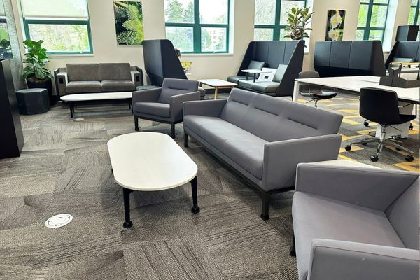 Lounge sofa seating in open study area, ISU Pharmacy building, Pocatello, Idaho