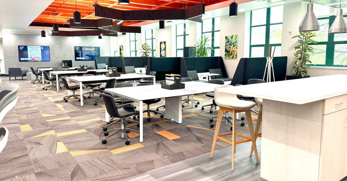 Open workspace overview with wood ceiling and education furniture, ISU Pharmacy, Pocatello, Idaho