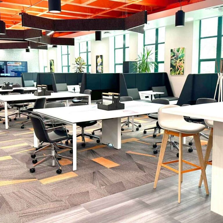 Open workspace overview with wood ceiling and education furniture, ISU Pharmacy, Pocatello, Idaho