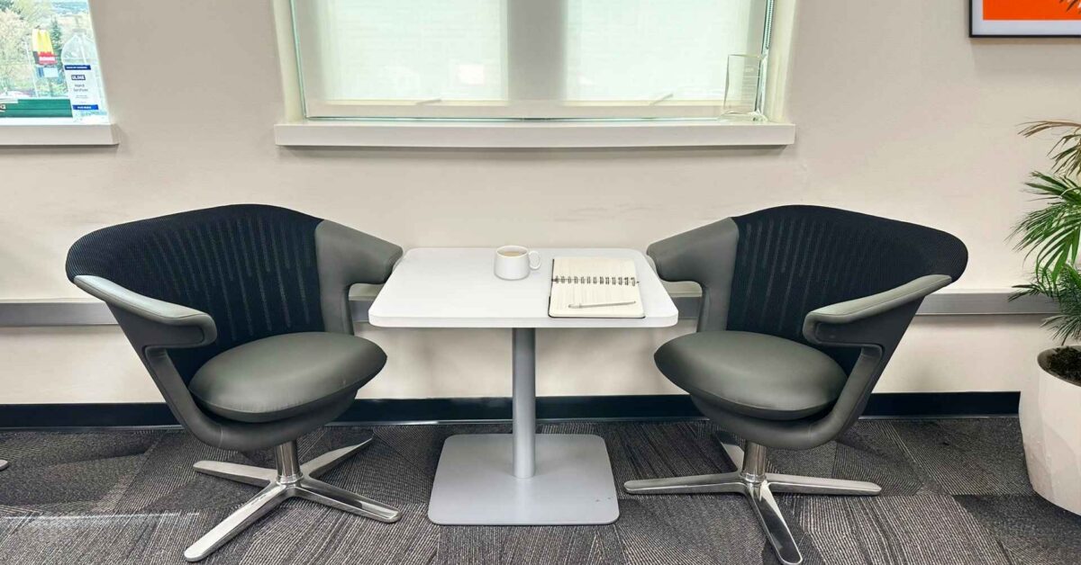 Round table with lounge chairs for student collaboration, ISU Pharmacy, Pocatello, Idaho