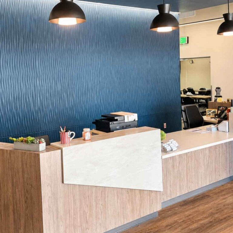 Reception desk with Blue Wave 3D wall covering behind, Nampa Waterworks, Nampa, Idaho