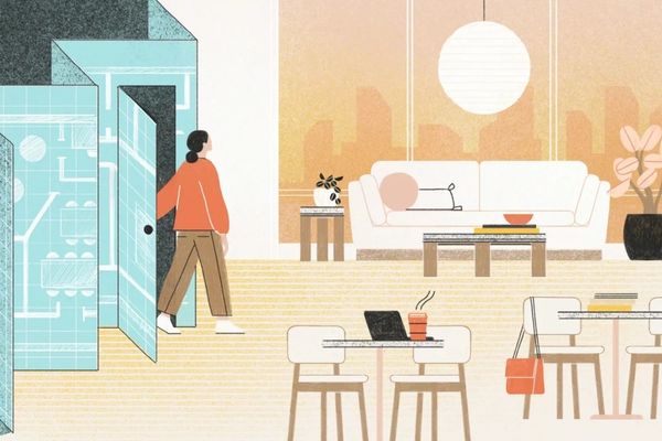 Illustration of a person entering an open, modern workspace with lounge seating and city views, representing Steelcase's approach to workplace design.